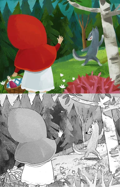 cartoon scene with bad wolf meeting little girl in red hood in the forest illustration for children