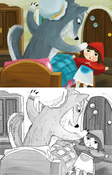 cartoon scene with bad wolf in disguise of grandmother resting in the bed and little girl illustration for children