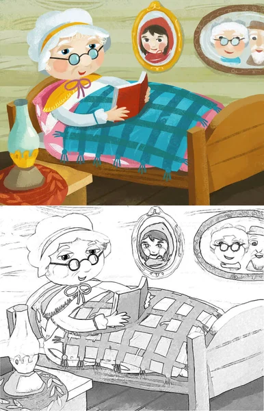Cartoon Scene Grandmother Resting Bed Reading Book Illustration Children — Stock Photo, Image