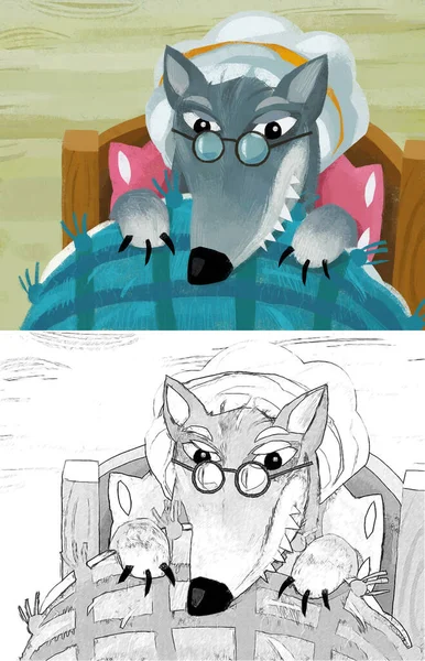 cartoon scene with bad wolf in disguise of grandmother resting in the bed illustration for children