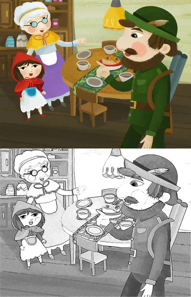 cartoon scene with grandmother granddaughter hunter eating dinner together illustration for children