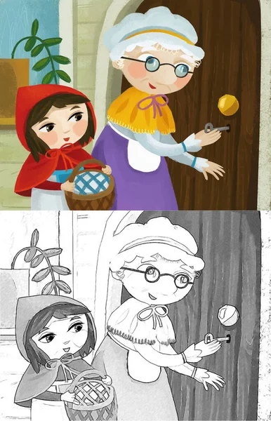Cartoon Scene Grandmother Girl Red Hood Granddaughter Rest Room Illustration — Stockfoto