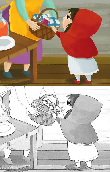 cartoon scene with grandmother and girl in red hood granddaughter in the kitchen illustration for children