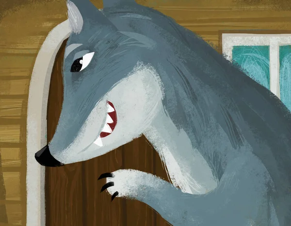 Cartoon Scene Evil Wolf Spying Wooden House Illustration — Stock Photo, Image
