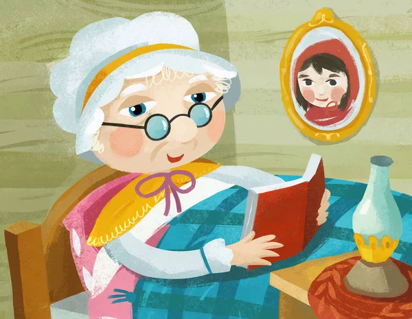 Cartoon Scene Grandmother Resting Bed Reading Book Illustration — Stock Photo, Image