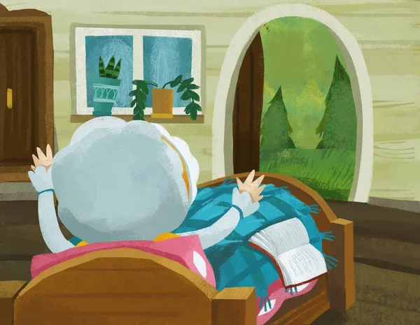 Cartoon Scene Grandmother Resting Bed Reading Book Illustration — Stock fotografie