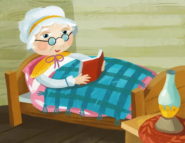 cartoon scene with grandmother resting in the bed reading book illustration