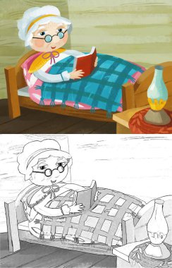 cartoon scene with grandmother resting in the bed reading book illustration