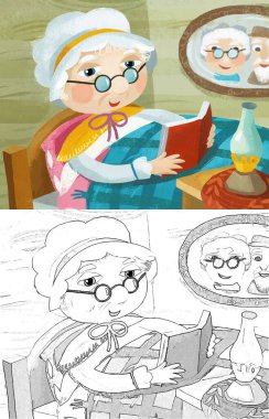 cartoon scene with grandmother resting in the bed reading book illustration