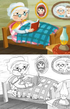 cartoon scene with grandmother resting in the bed reading book illustration