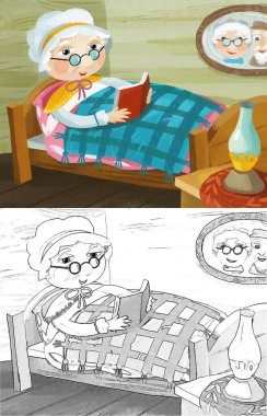 cartoon scene with grandmother resting in the bed reading book illustration