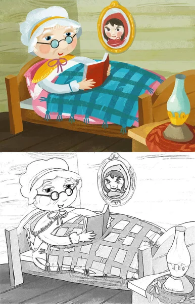 cartoon scene with grandmother resting in the bed reading book illustration