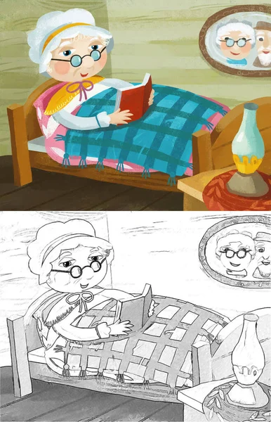 cartoon scene with grandmother resting in the bed reading book illustration