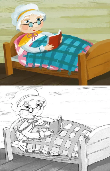 cartoon scene with grandmother resting in the bed reading book illustration