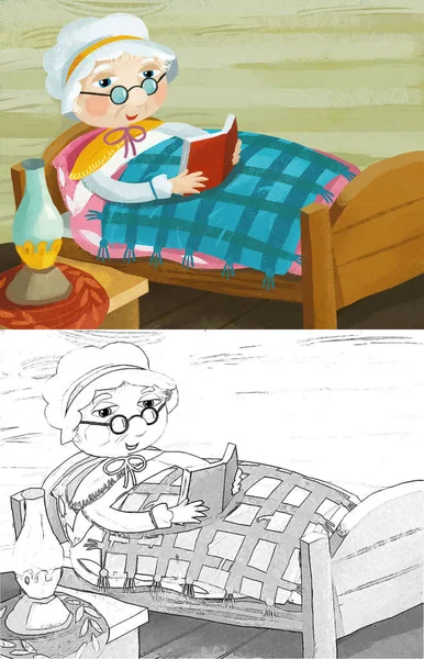 cartoon scene with grandmother resting in the bed reading book illustration