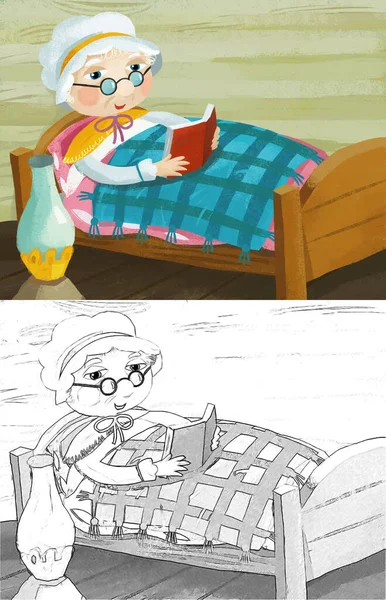 cartoon scene with grandmother resting in the bed reading book illustration