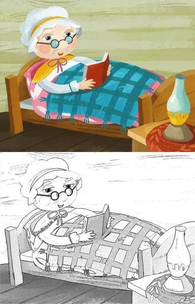 cartoon scene with grandmother resting in the bed reading book illustration