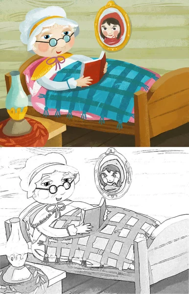 cartoon scene with grandmother resting in the bed reading book illustration
