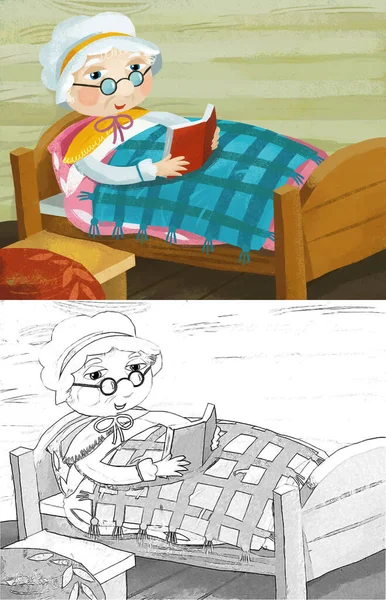 cartoon scene with grandmother resting in the bed reading book illustration