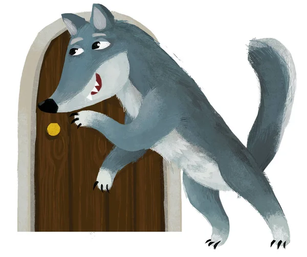 Cartoon Scene Evil Wolf Spying Wooden House Illustration — Stock fotografie