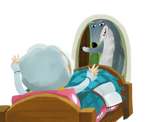 cartoon scene with grandmother resting in the bed reading book and wolf entering illustration