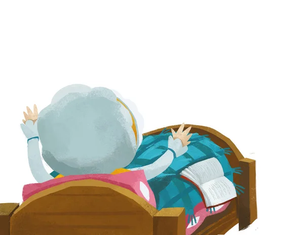 Cartoon Scene Grandmother Resting Bed Reading Book Illustration — Φωτογραφία Αρχείου