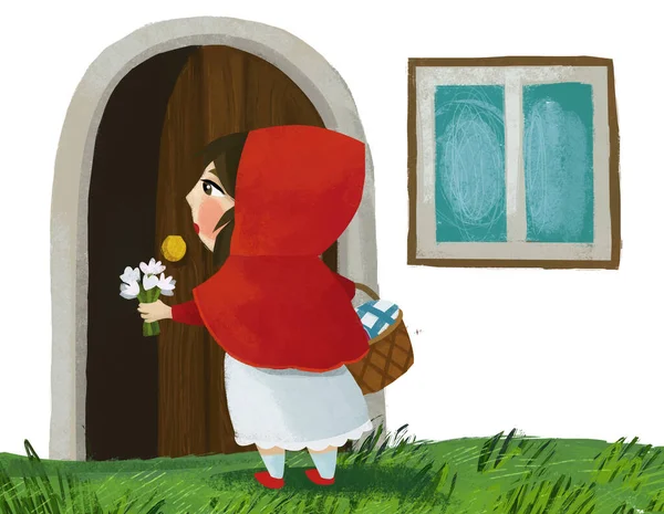 cartoon little girl kid near wooden house in red hood illustration
