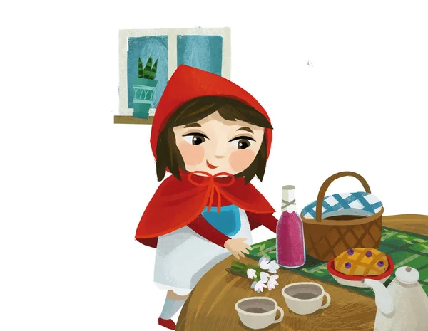 Cartoon Little Girl Kid Wooden House Red Hood Illustration — Foto de Stock