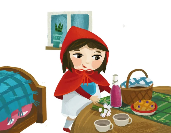 Cartoon Little Girl Kid Wooden House Red Hood Illustration — Stock fotografie