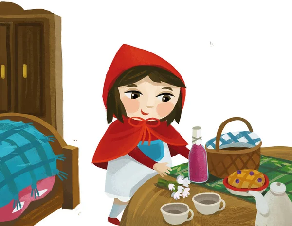 Cartoon Little Girl Kid Wooden House Red Hood Illustration —  Fotos de Stock