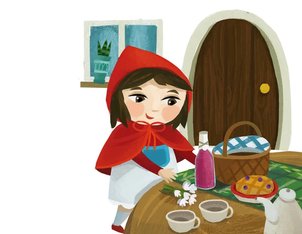 cartoon little girl kid in wooden house in red hood illustration
