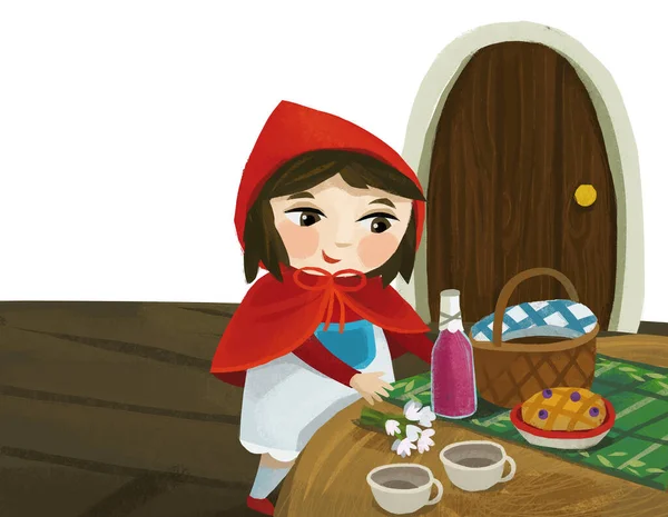 Cartoon Little Girl Kid Wooden House Red Hood Illustration — Fotografia de Stock