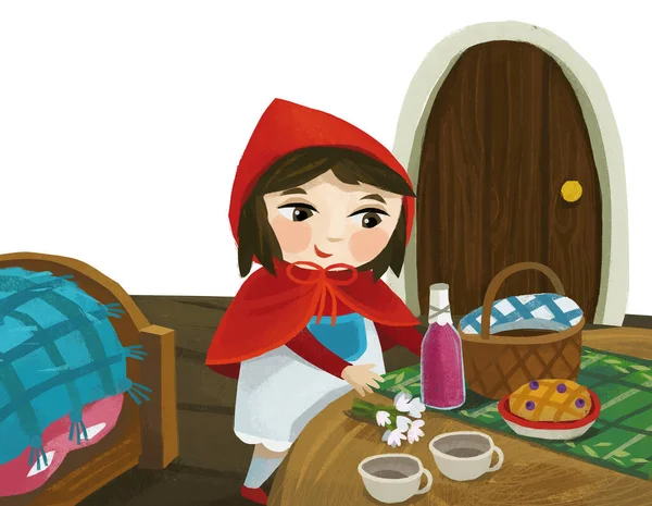 cartoon little girl kid in wooden house in red hood illustration