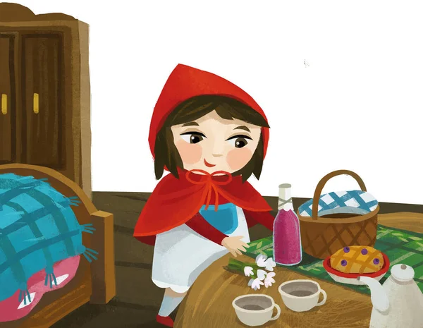 Cartoon Little Girl Kid Wooden House Red Hood Illustration —  Fotos de Stock