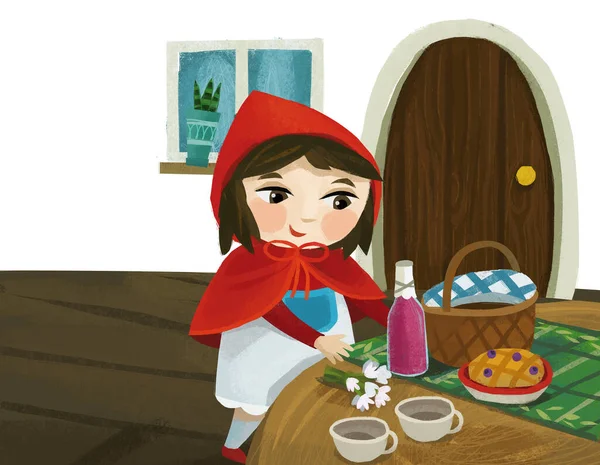 Cartoon Little Girl Kid Wooden House Red Hood Illustration — ストック写真