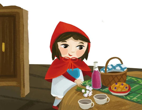 Cartoon Little Girl Kid Wooden House Red Hood Illustration — Zdjęcie stockowe