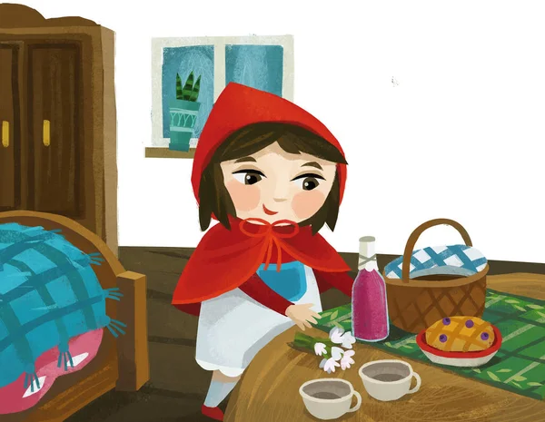 Cartoon Little Girl Kid Wooden House Red Hood Illustration — Stockfoto