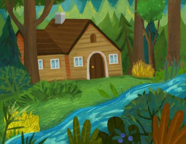 Cartoon nature scene with old house in the forest illustration