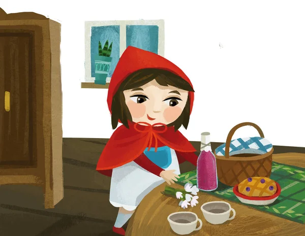 Cartoon Little Girl Kid Wooden House Red Hood Illustration — стоковое фото