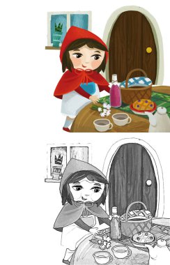 cartoon little girl kid in wooden house in red hood illustration sketch