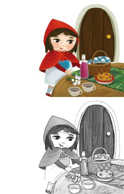 cartoon little girl kid in wooden house in red hood illustration sketch