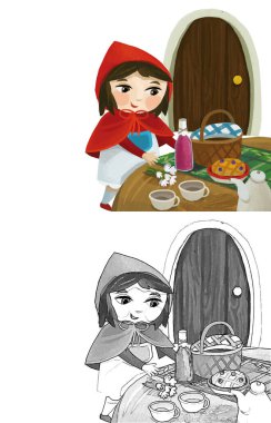 cartoon little girl kid in wooden house in red hood illustration sketch