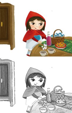 cartoon little girl kid in wooden house in red hood illustration sketch