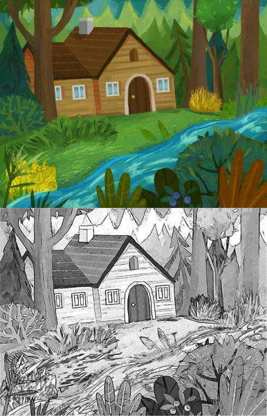Cartoon Nature Scene Old House Forest Illustration Sketch — Stok fotoğraf