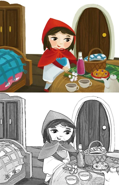 Cartoon Little Girl Kid Wooden House Red Hood Illustration Sketch — Stok fotoğraf