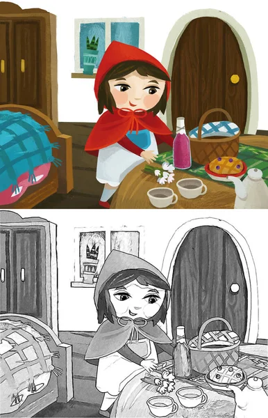 cartoon little girl kid in wooden house in red hood illustration sketch