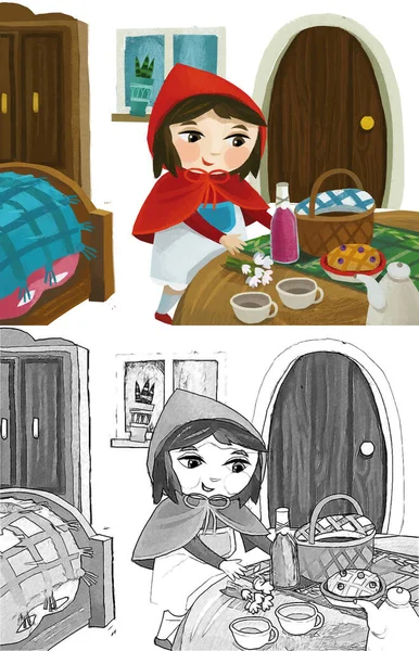 cartoon little girl kid in wooden house in red hood illustration sketch