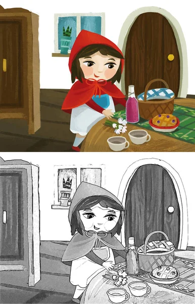 Cartoon Little Girl Kid Wooden House Red Hood Illustration Sketch — Stock fotografie