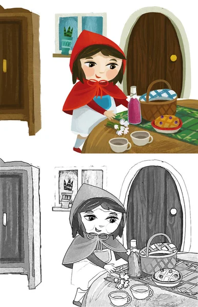 cartoon little girl kid in wooden house in red hood illustration sketch