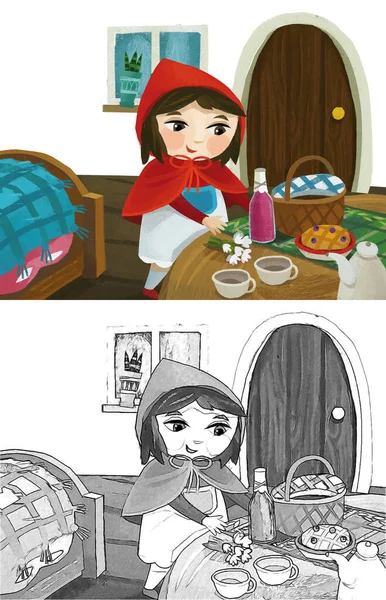 Cartoon Little Girl Kid Wooden House Red Hood Illustration Sketch — Stok fotoğraf